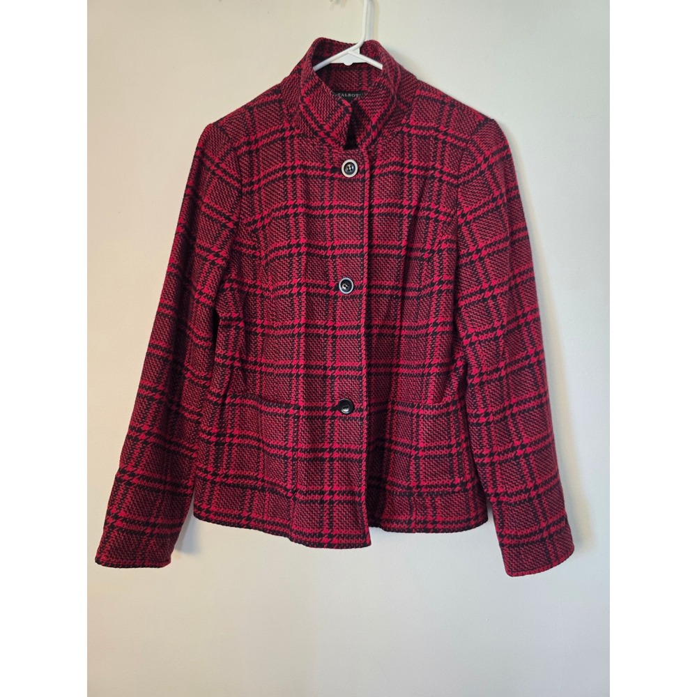 Talbots Blazer Womens 8 Red Black Plaid Jacket Wool Blend
